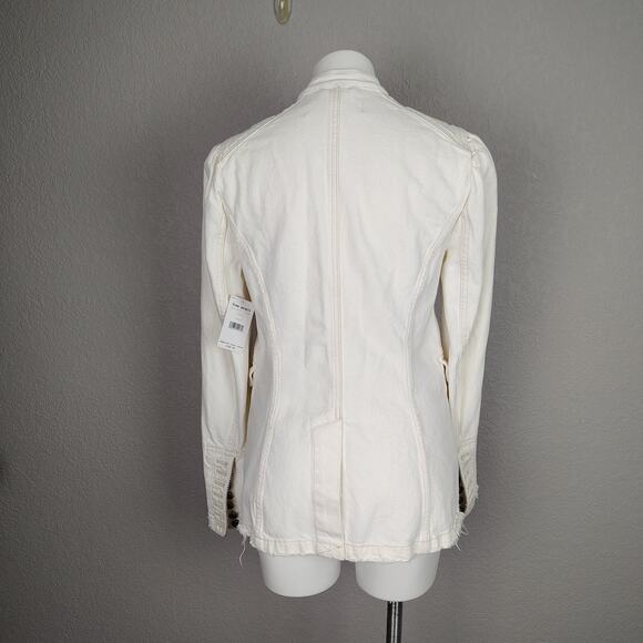 Free People Seamed and Structured Denim Military Jacket Ivory Braided Trim Small - Picture 4 of 16